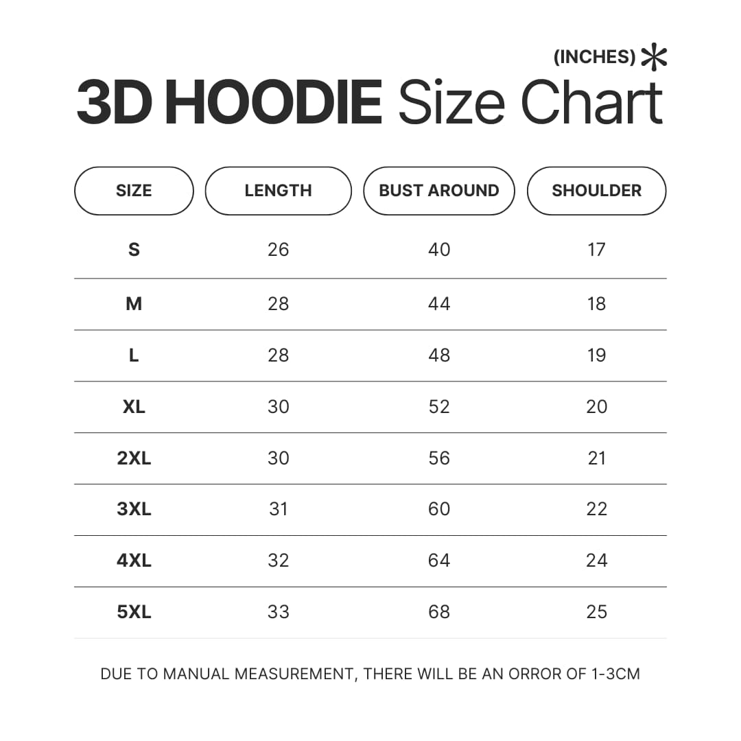 3D Hoodie Size Chart - Bojack Horseman Shop